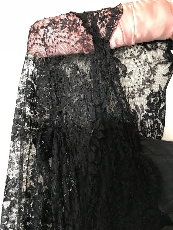 Antique long black satin lacy dress size S UK 10 - image 3