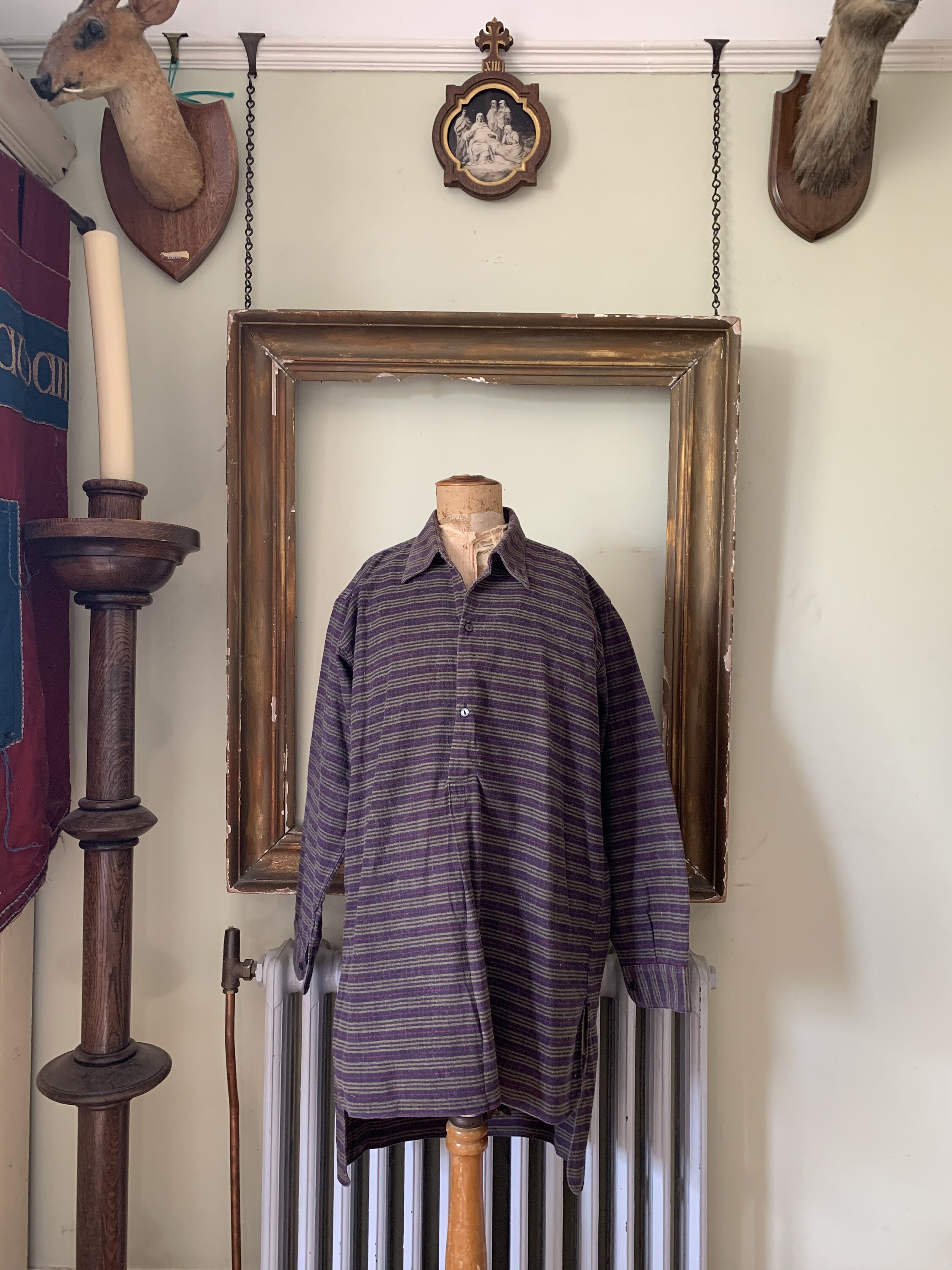 Image of Vintage French Warm Cotton Long Striped Shirt Chemise Size 41 M