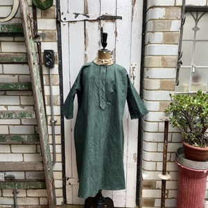 Antique French green linen flax dress smock initials AB size L