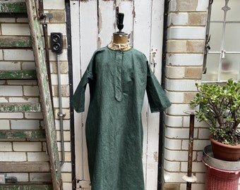 Antique French green linen flax dress smock initials AB size L