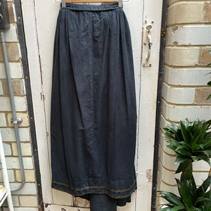 Antique French handmade black brushed cotton long skirt with khaki trim size S