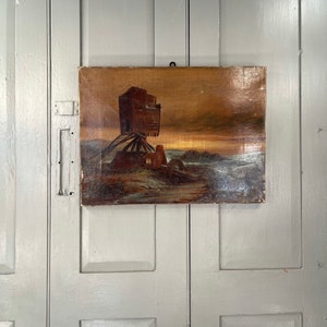 Antique river landscape oil painting of a watermill