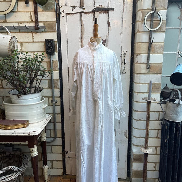 Antique Victorian long white cotton dress nightdress size M/L