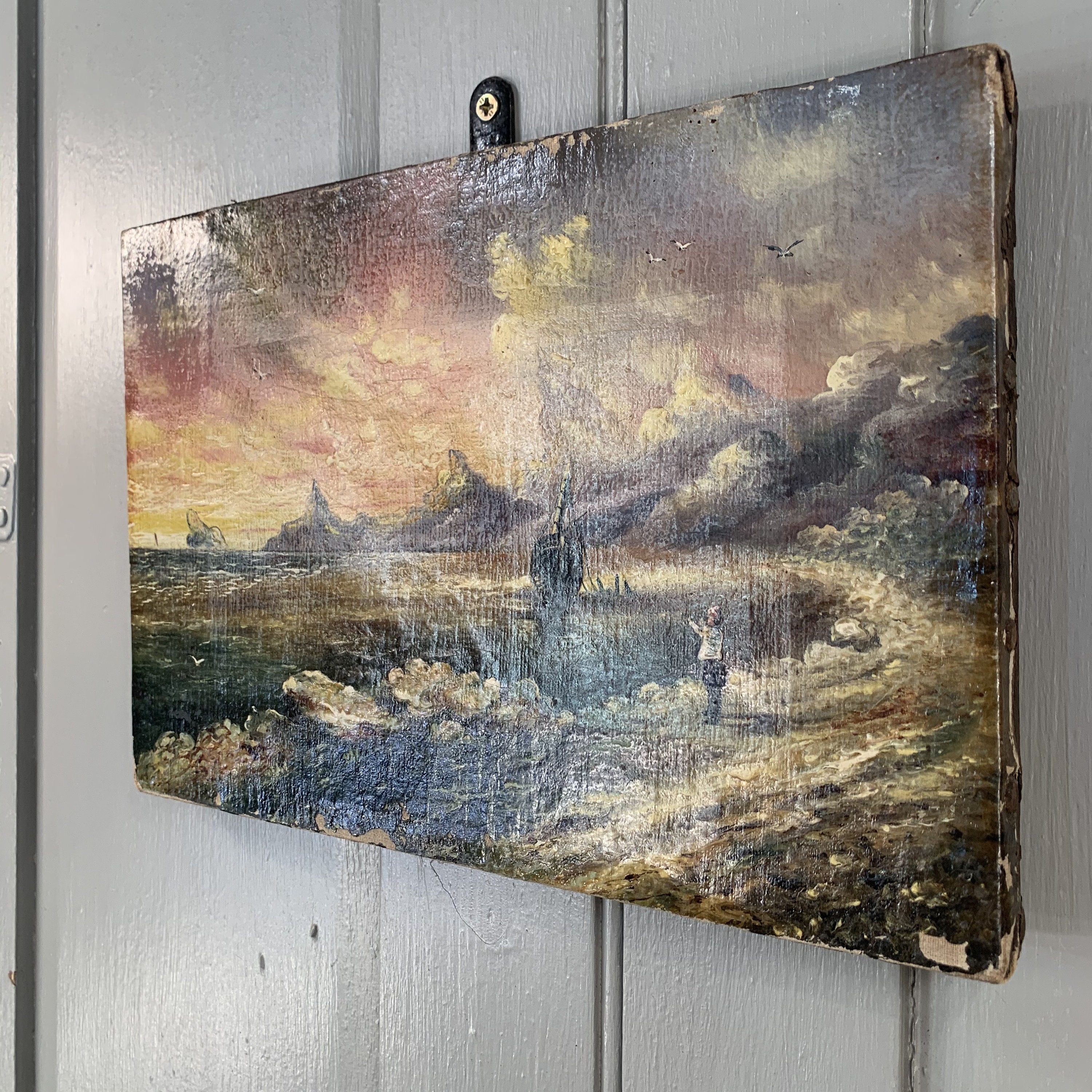 Antique oil painting coastal beach scene at sunset with | Etsy