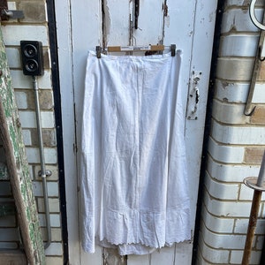 Antique long white cotton skirt underskirt with lace hem and name EM DeWolf size S/M