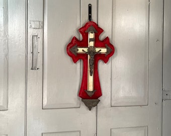 Antique French Gothic red velvet crucifix