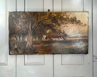 Antique river landscape oil painting of cows in field