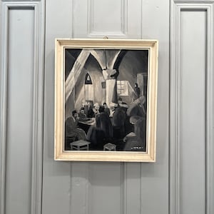 Antique vintage signed monochrome oil painting study of Sephardic Jews in the synagogue