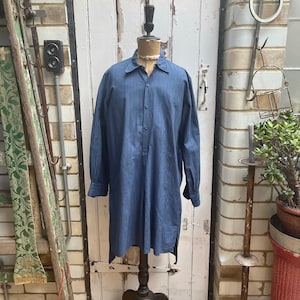 Antiek vintage Frans blauw geborsteld warm katoenen gestreept shirt maat S/M