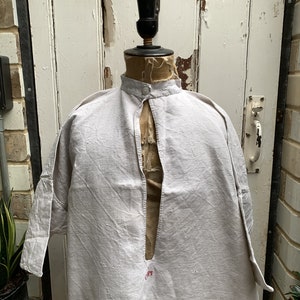 Antique French beige cream off white linen flax hemp shirt dress chemise smock initials GBM size L no 2 image 2