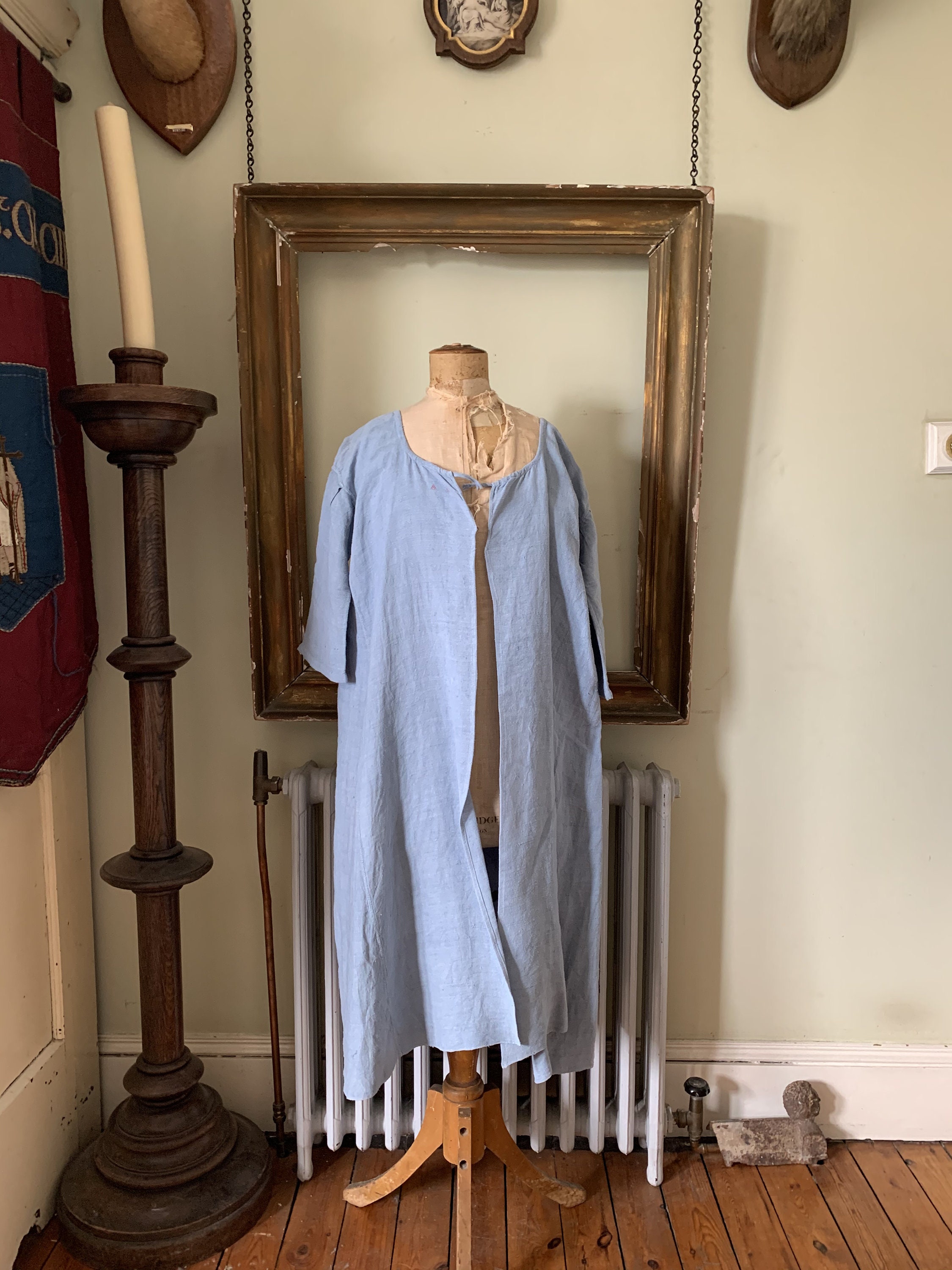 Image of Antique French Light Blue Linen Long Coat Jacket Housecoat Dressing Gown Initials Ar Size M/L