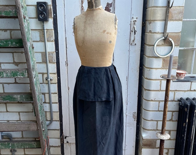 Antique French dark grey linen apron with bib