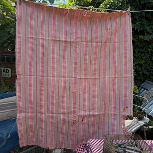 May include: A large, rectangular, vintage textile with vertical red stripes on a tan background. The fabric is hanging on a clothesline with clothespins. The textile appears worn, with some stains and imperfections.