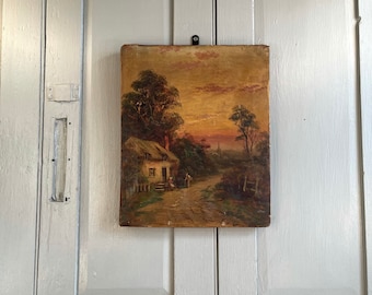 Antique oil painting of country cottage at sunset by James Lewis (1 of 2)