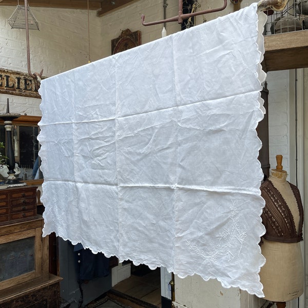 Antique English white linen tablecloth with embroidered pheasants