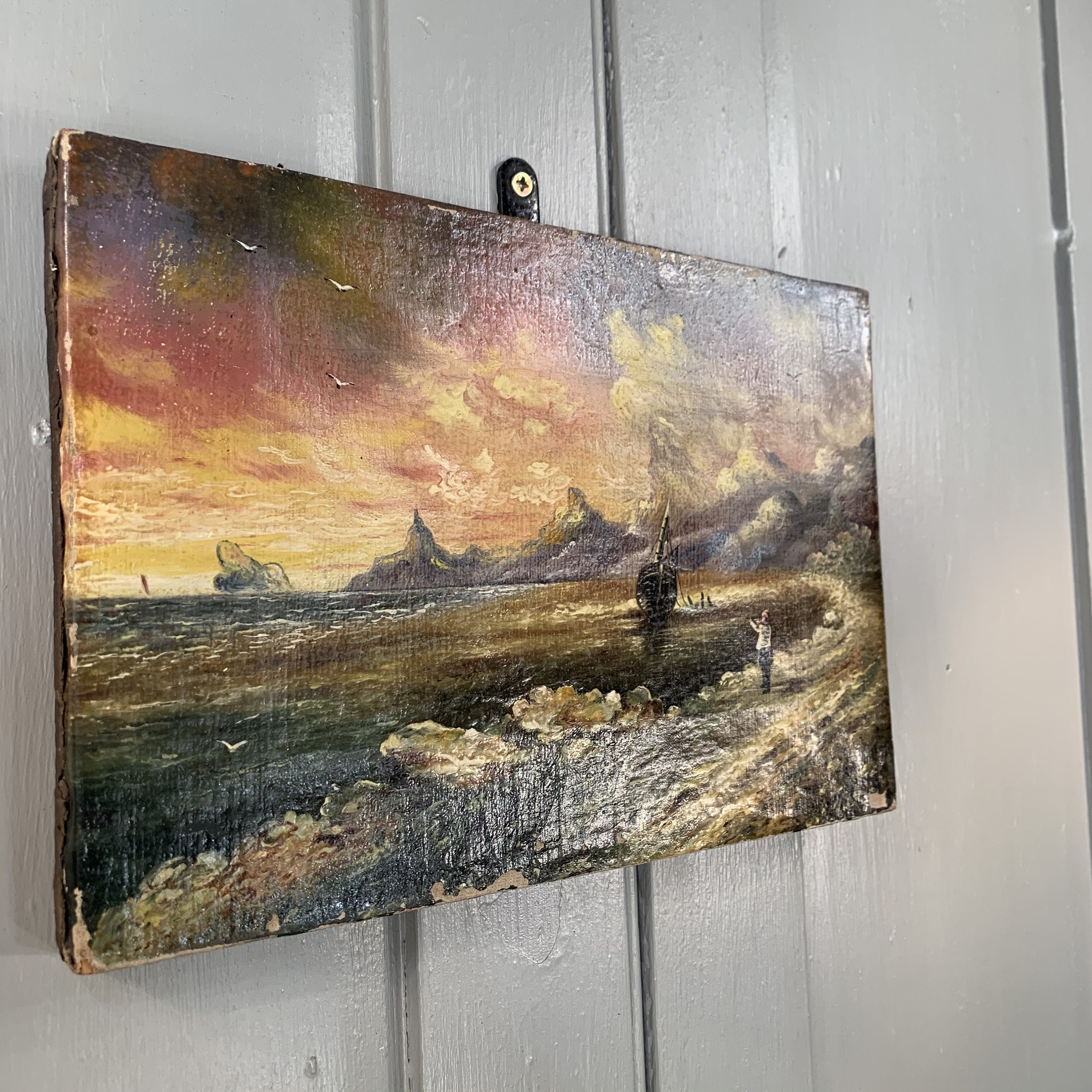 Antique oil painting coastal beach scene at sunset with | Etsy