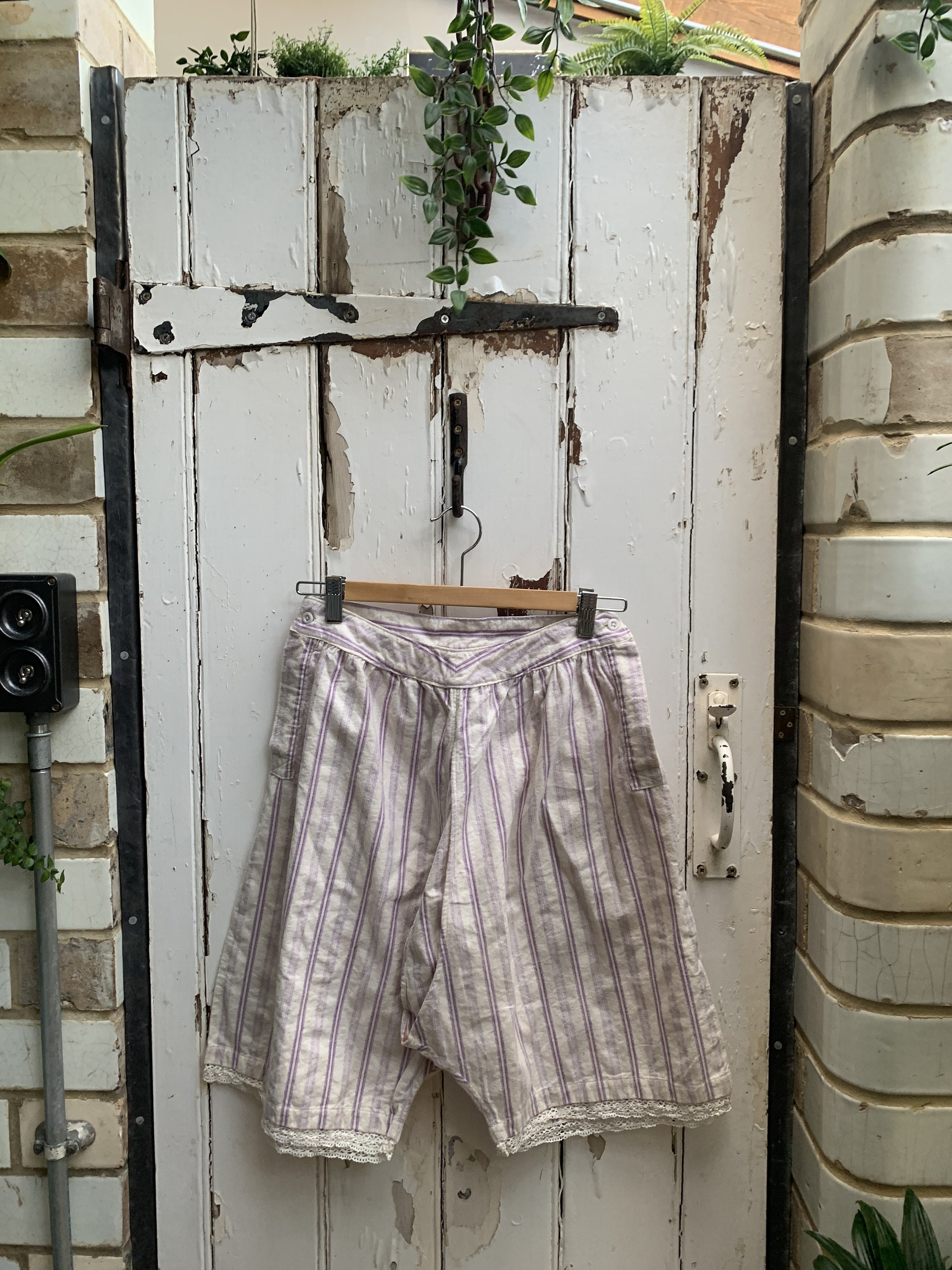 Image of Antique French Purple Striped Brushed Cotton Bloomers Sleep Shorts Size M