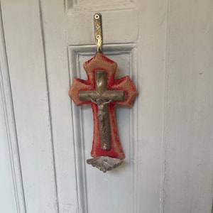 Small antique French Gothic red velvet crucifix