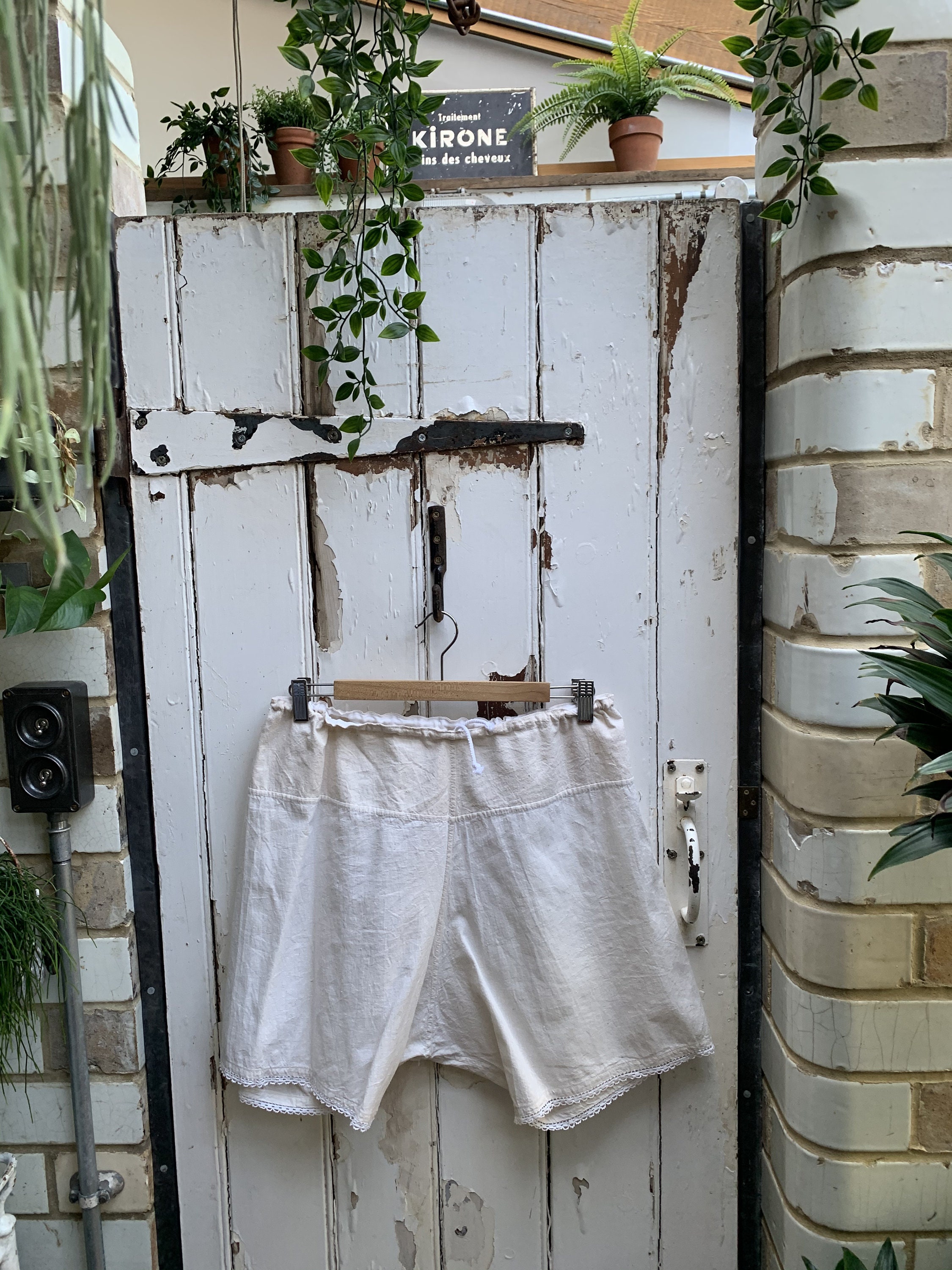 Image of Antique French Cream Cotton Bloomers Sleep Shorts Knickers With Lace Trim Size M Uk