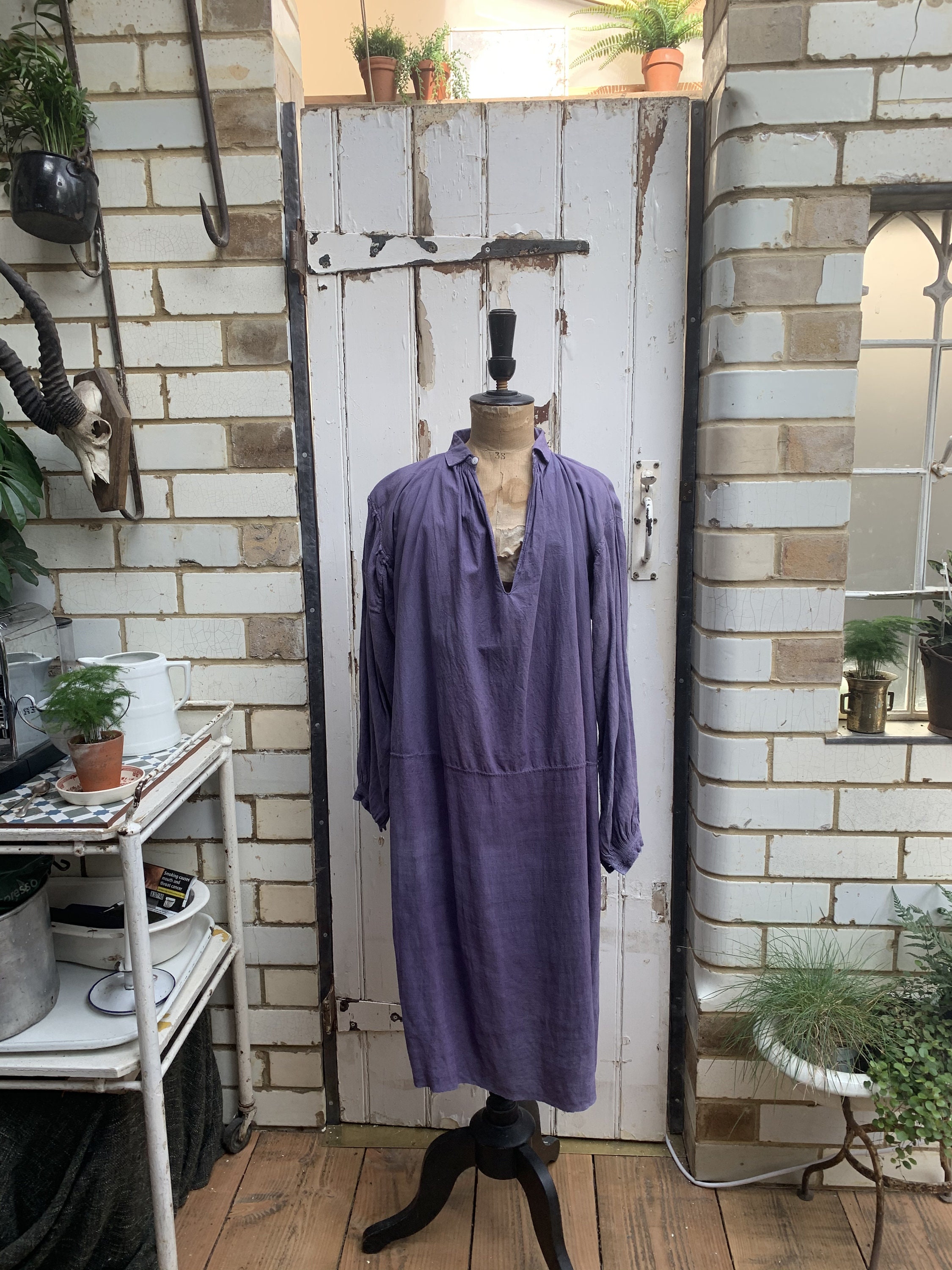 Image of Antique French Lavender Linen & Cotton Dress Shirt Chemise Nightshirt Smock Size M/L