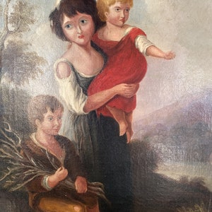 Antique Georgian early Victorian oil painting portrait of children in gesso frame image 5