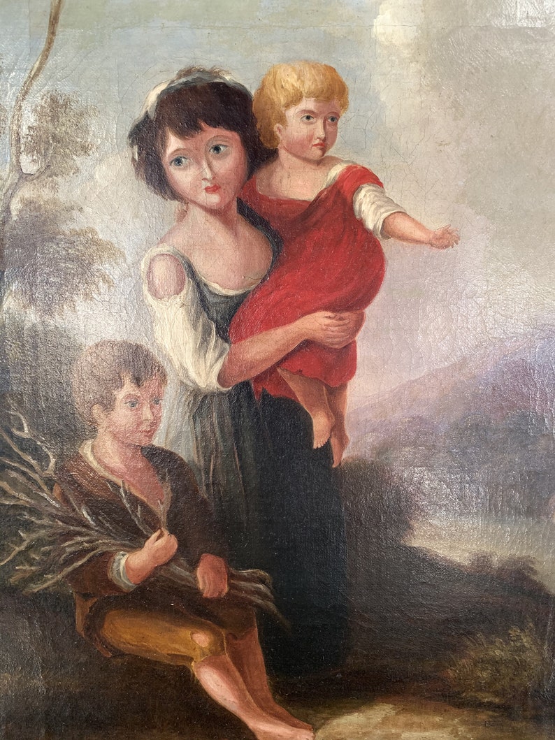 Antique Georgian early Victorian oil painting portrait of children in gesso frame image 5