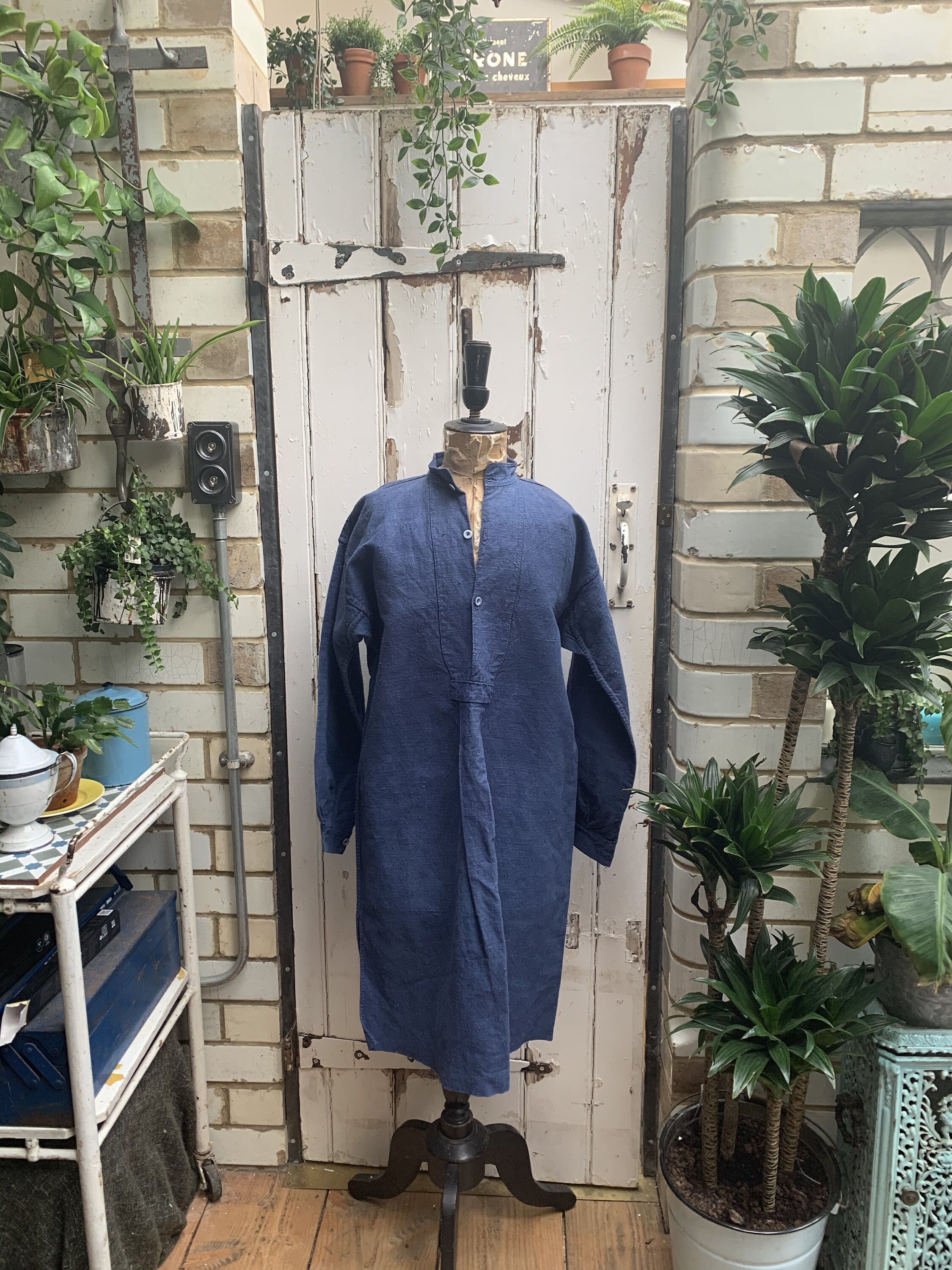 Image of Antique French Marine Blue Linen Cotton Metis Shirt Dress Chemise Size S/M