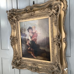 Antique Georgian early Victorian oil painting portrait of children in gesso frame image 7