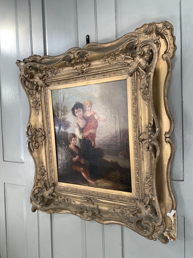 Antique Georgian early Victorian oil painting portrait of children in gesso frame image 7