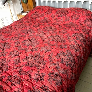 Large antique French red black floral cotton large double quilt eiderdown