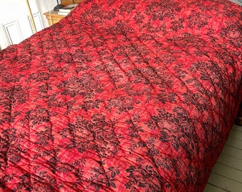 Large antique French red black floral cotton large double quilt eiderdown