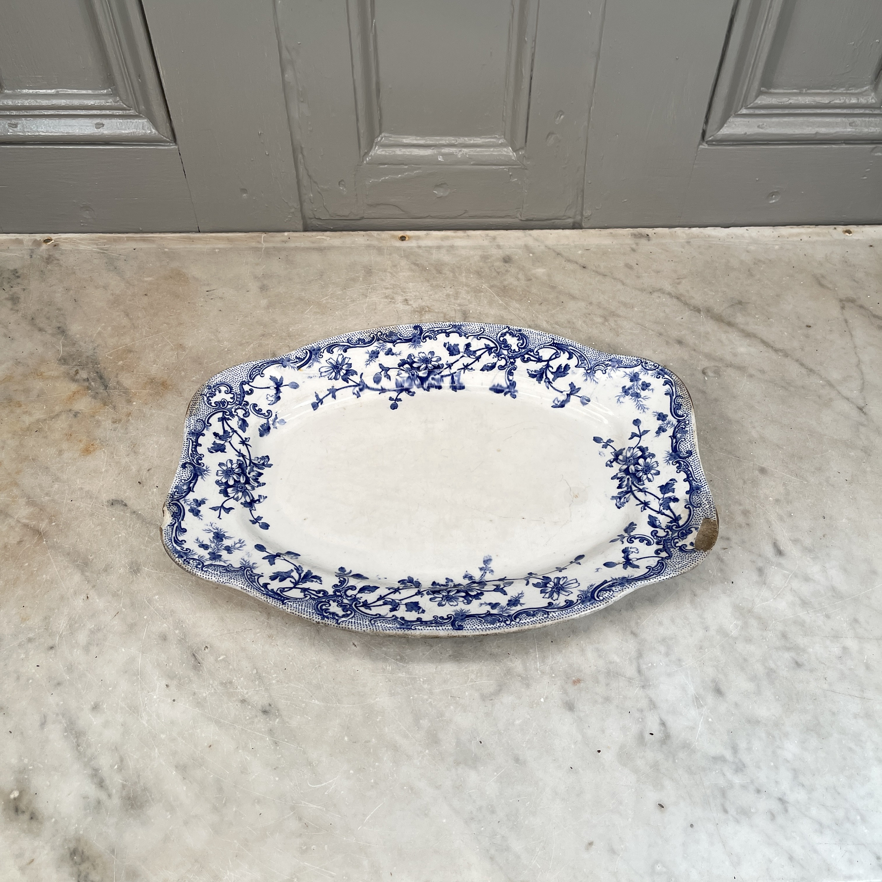 Antique Victorian Blue Floral Ceramic Meat Platter: Clementson