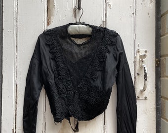 Antique French Victorian handmade black cotton beaded jacket size petite XS UK 8