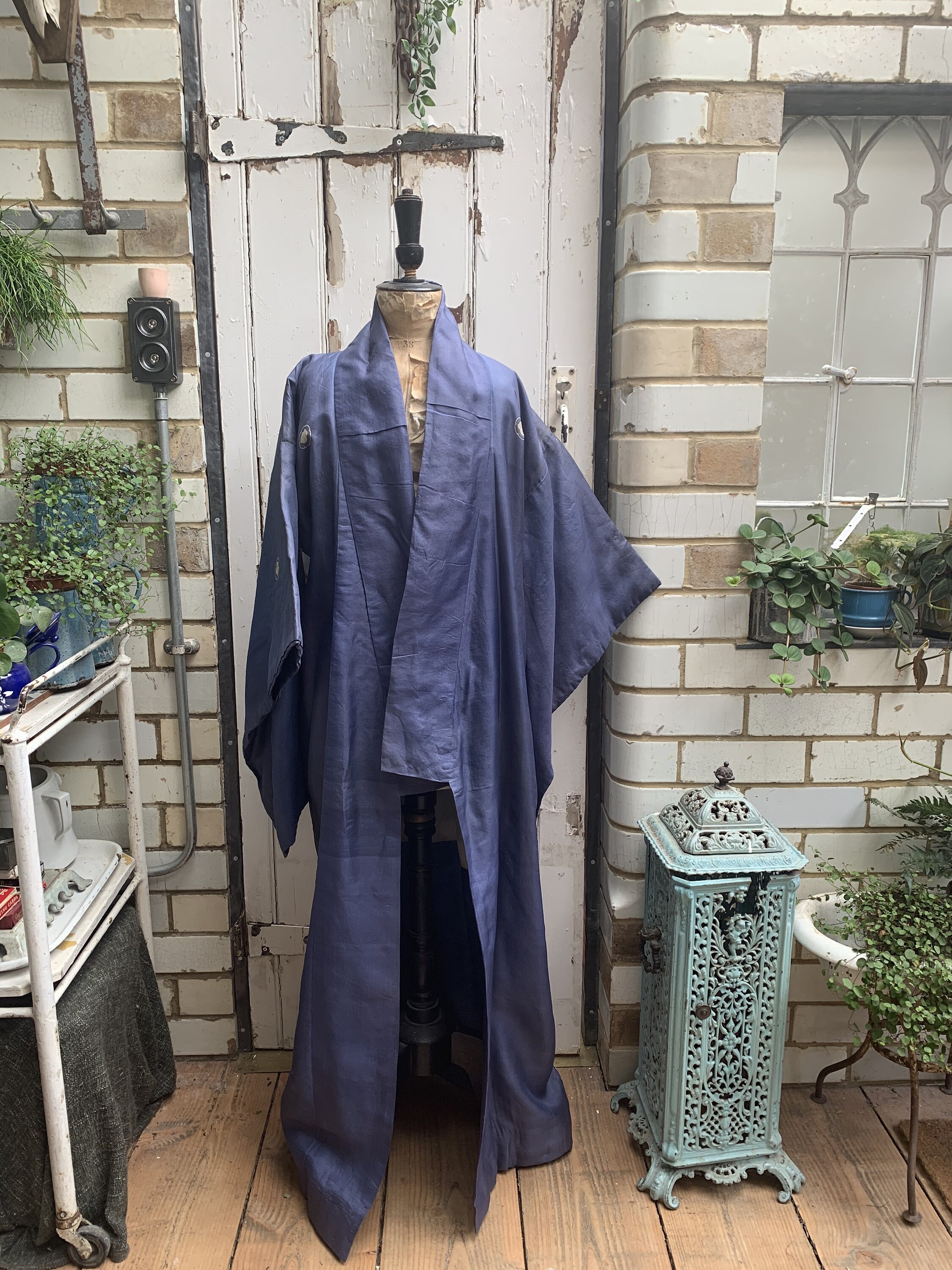 Image of Antique Vintage Japanese Long Blue Silk Kimono With Mon & Floral Patch