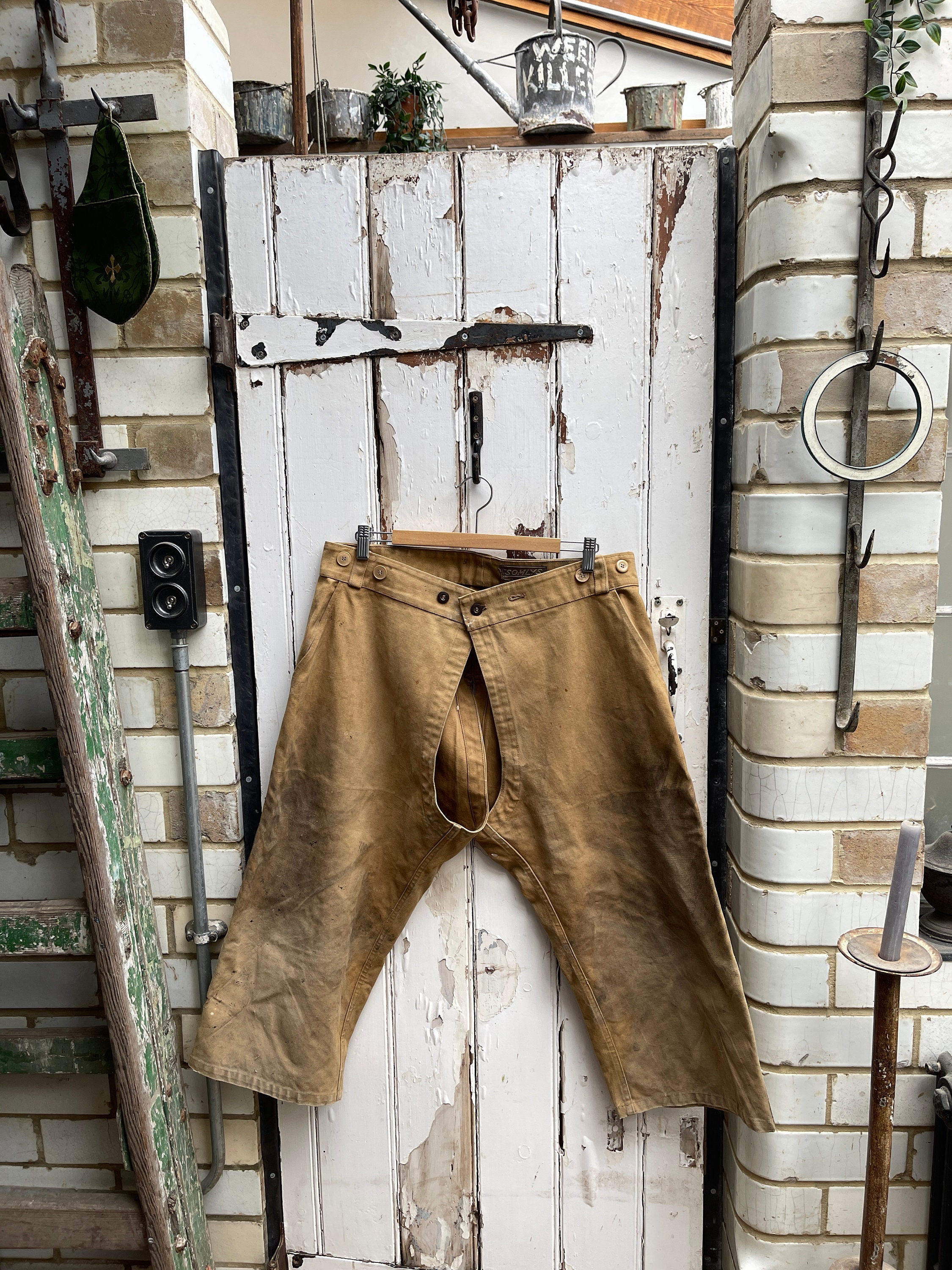 Vintage French Somlys Mens Brown Open Crotch Workwear Trousers