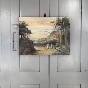 Antique landscape oil painting view of Mediterranean port signed A Dobson 1893