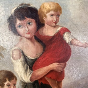 Antique Georgian early Victorian oil painting portrait of children in gesso frame image 6