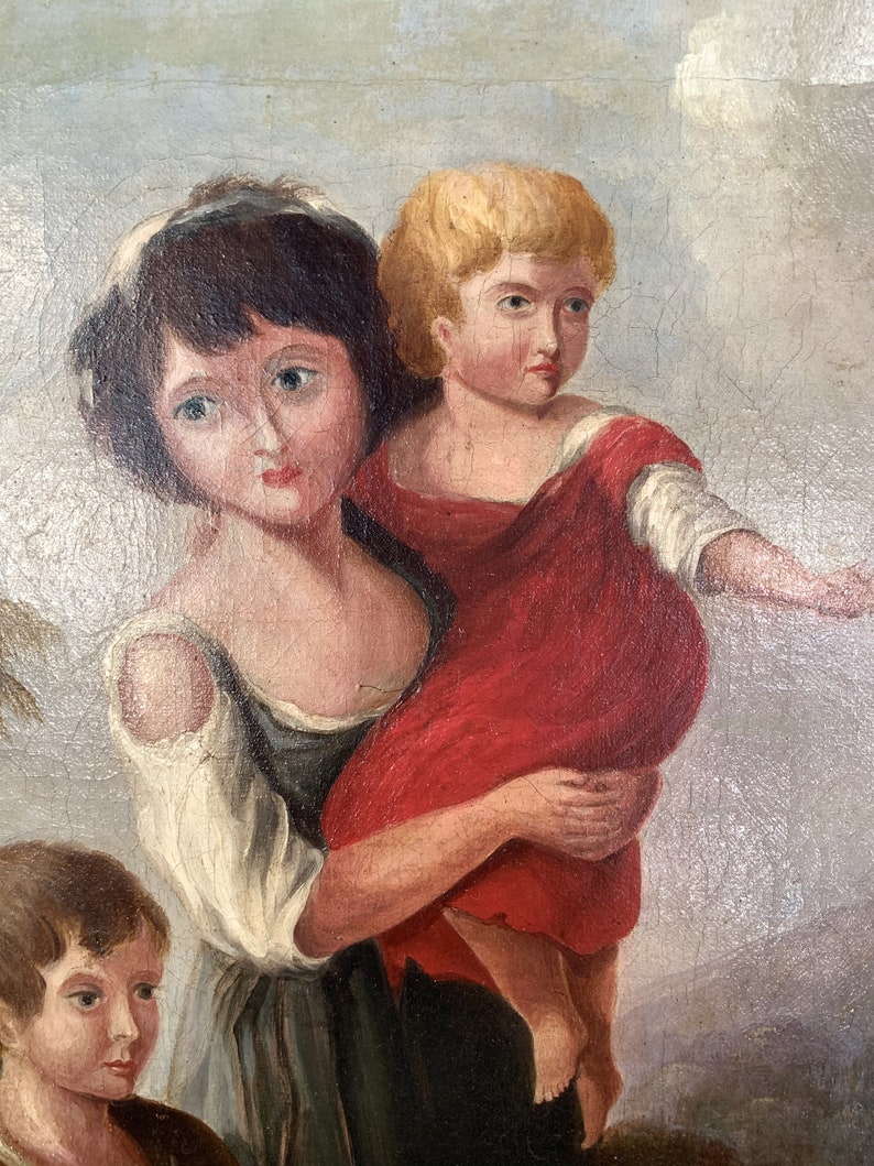 Antiek Georgisch vroeg Victoriaans olieverfschilderijportret van kinderen in gessolijst afbeelding 6