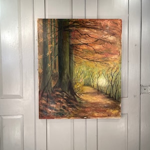 Antique French Impressionist landscape oil painting study of path through woods signed H Verlart 1954