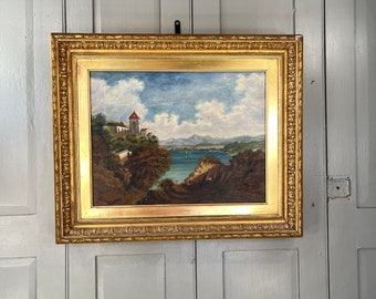 Antique signed landscape oil painting of Italian lake scene with villa dated 1885