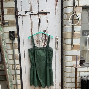Antique French lingerie green cotton and lace playsuit all in one cami top and knickers shorts size S/M