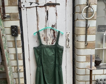 Antique French lingerie green cotton and lace playsuit all in one cami top and knickers shorts size S/M