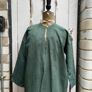 Antique French green linen long jacket coat housecoat size M UK 12 画像 2