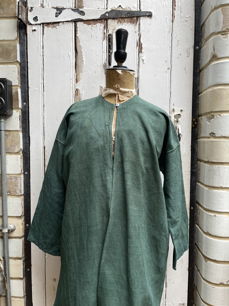 Antique French green linen long jacket coat housecoat size M UK 12 画像 2