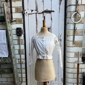 Antique French white cotton blouse with lace sleeves size XXS UK 4
