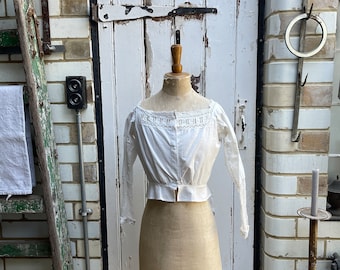 Antique French white cotton blouse with lace sleeves size XXS UK 4