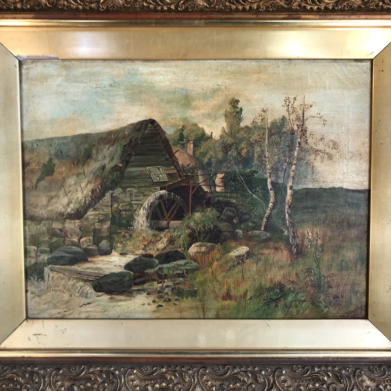 Peinture antique d huile de paysage du moulin eau par B Peinture antique d huile de paysage du moulin eau par B