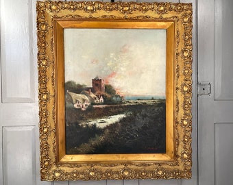 Large antique coastal landscape oil painting in ornate gesso frame signed E Maybery