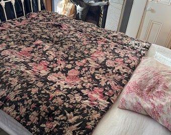 Antique French red black floral cotton double quilt eiderdown + cushion