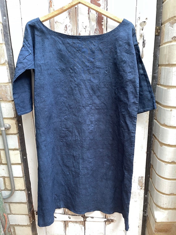 Antique French dark blue indigo linen flax dress … - image 9